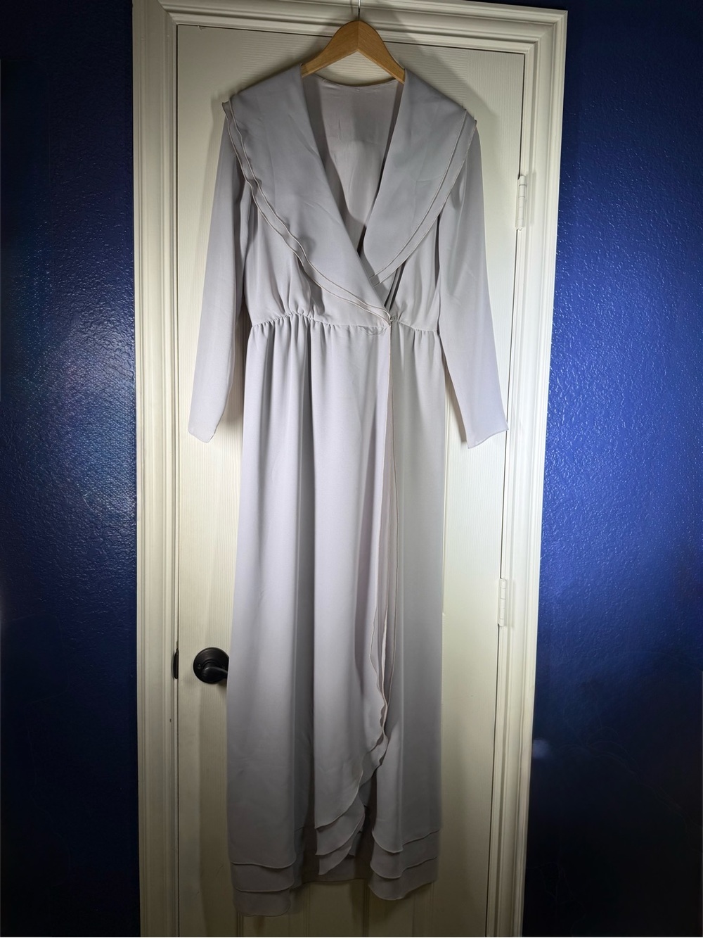 Vintage 70s Kay Kipps New York Ruffled Portrait Collared Maxi Dress Gray Crepe
